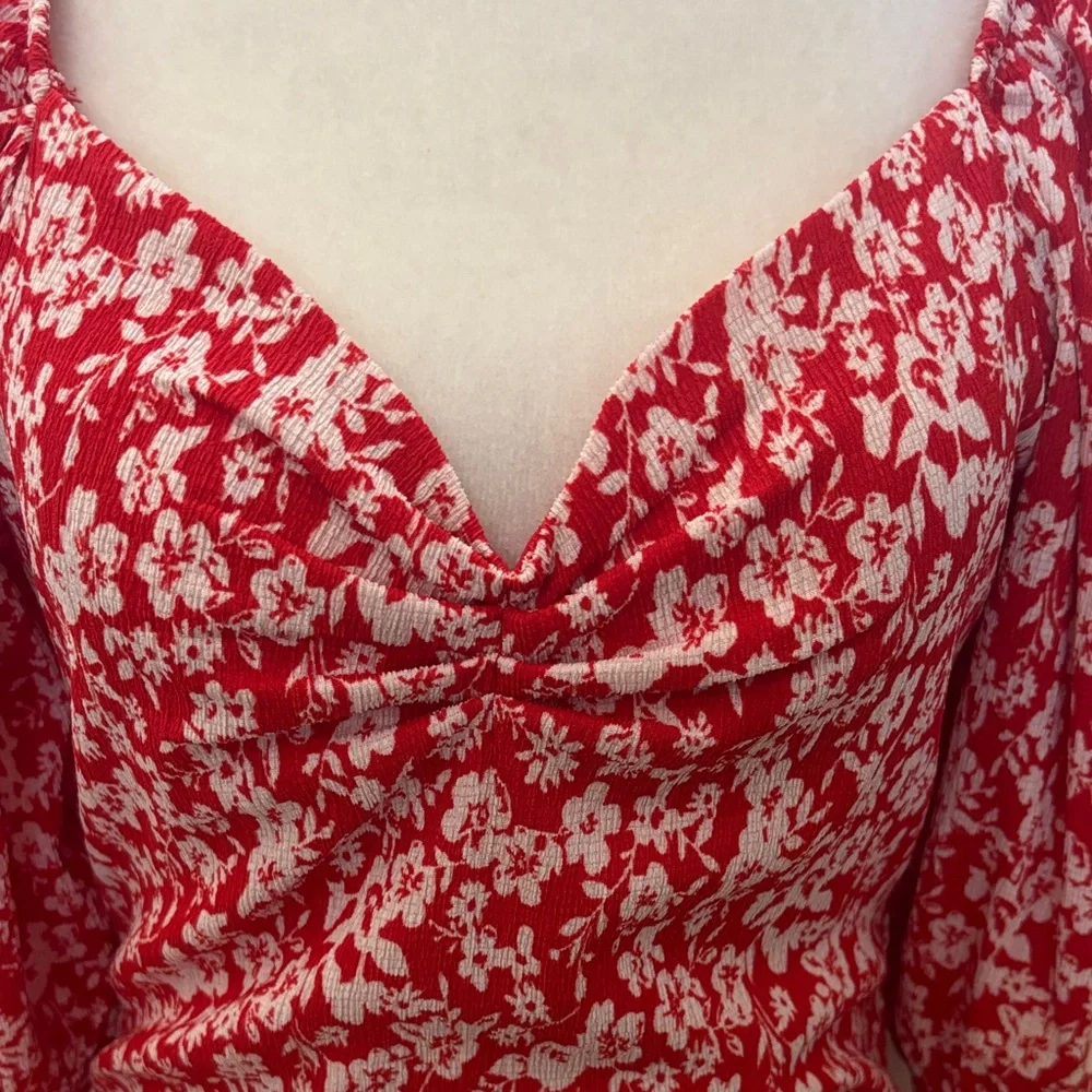 Anthropologie Red and White Floral V-Neck Long Sleeve Blouse